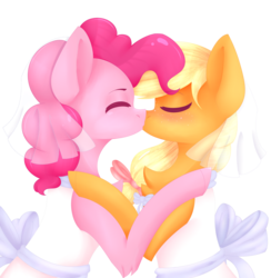Size: 2918x2990 | Tagged: safe, artist:nillomika, applejack, pinkie pie, earth pony, pony, g4, clothes, dress, duo, female, high res, kiss on the lips, kissing, lesbian, mare, ship:applepie, shipping, wedding dress