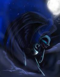 Size: 1188x1518 | Tagged: safe, artist:nuttypanutdy, nightmare moon, g4, cloud, female, grin, moon, night, sharp teeth, smiling, solo, spread wings