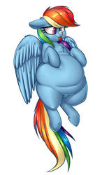 Size: 1200x1920 | Tagged: safe, artist:elzzombie, artist:yoditax, rainbow dash, pegasus, pony, g4, belly, belly button, big belly, chest fluff, chubby, ear fluff, fat, female, food, leg fluff, mare, rainblob dash, simple background, solo, tongue out, treat on nose, tubby wubby pony waifu, whipped cream, white background, wing fluff