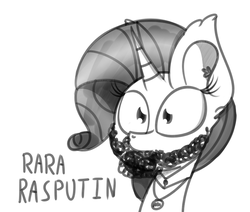 Size: 893x759 | Tagged: safe, artist:pastelhorses, rarity, g4, beard, boney m, facial hair, female, grigori rasputin, monochrome, rarara, rasputin, solo, song reference, text