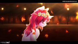 Size: 5120x2880 | Tagged: safe, artist:redstoneengine, oc, oc only, oc:laurence, pony, unicorn, eyes closed, falling leaves, floral head wreath, flower, leaves, solo