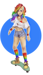 Size: 960x1664 | Tagged: dead source, safe, artist:nifka22-02, rainbow dash, human, g4, abs, clothes, converse, female, humanized, nail polish, shoes, skateboard, solo