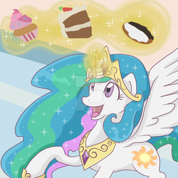 Size: 1024x1024 | Tagged: safe, artist:yoshimarsart, princess celestia, g4, cake, cakelestia, cupcake, deviantart watermark, female, food, happy, magic, obtrusive watermark, solo, watermark