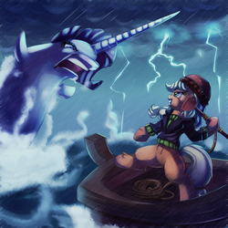 Size: 2000x2000 | Tagged: safe, artist:discorded, applejack, rarity, narwhal, whale, g4, ppov, boat, captain jackbeard, clothes, duo, fight, high res, moby dick, plunger, puns in the comments, rope, species swap, storm, whaling