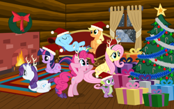 Size: 1280x800 | Tagged: safe, applejack, fluttershy, pinkie pie, rainbow dash, rarity, spike, twilight sparkle, g4, cabin, christmas, fireplace, mane six, ponyloaf, present