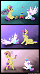 Size: 2730x5060 | Tagged: safe, artist:meze-diapason, princess flurry heart, oc, bat pony, pony, g4, blocks, comic, commission, eyes closed, high res, laughing, magic, motion blur, open mouth, playing, rattle, sitting, toy