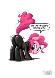 Size: 955x1351 | Tagged: safe, artist:mysticalpha, pinkie pie, earth pony, pony, g4, balloonbutt, butt, butt shake, catsuit, cute, diapinkes, face down ass up, feels like i'm wearing nothing at all, female, male, mare, plot, raised tail, simple background, solo, tail, the simpsons, white background