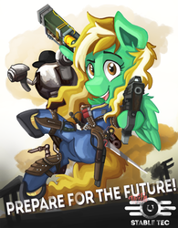 Size: 2200x2823 | Tagged: safe, artist:saxopi, oc, oc only, armed to the teeth, clothes, fallout, gun, handgun, high res, jumpsuit, knife, pinup, pistol, poster, rifle, sawed off shotgun, solo, vault suit, weapon