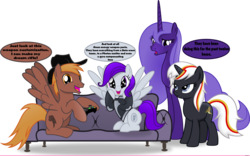 Size: 4847x3033 | Tagged: safe, artist:vector-brony, oc, oc only, oc:calamity, oc:lacunae, oc:morning glory (project horizons), oc:velvet remedy, alicorn, pegasus, pony, unicorn, fallout equestria, fallout equestria: project horizons, artificial alicorn, brand, branded, branding, comic, cowboy hat, cutie mark, dashite, dashite brand, fallout 4, fanfic, fanfic art, fangasm, female, hat, hooves, horn, male, mare, open mouth, purple alicorn (fo:e), simple background, sitting, spread wings, stallion, standing, transparent background, wings