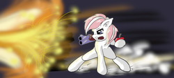 Size: 540x243 | Tagged: safe, artist:manifest harmony, action pose, apple, cigar, explosion, female, food, gun, shotgun, skidding, solo, weapon