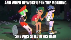 Size: 888x499 | Tagged: safe, screencap, drama letter, micro chips, timber spruce, watermelody, equestria girls, g4, my little pony equestria girls: legend of everfree, caption, exploitable meme, family guy, male, meme, timber spruce's scary story