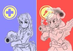 Size: 958x667 | Tagged: safe, artist:danteante, oc, oc only, oc:bizarre song, oc:nahuelina, pegasus, plant pony, pony, unicorn, semi-anthro, clothes, cosplay, costume, female, german, looking at you, male, mare, medic, medic (tf2), medigun, plant, rocket launcher, sketch, soldier, soldier (tf2), team fortress 2, uniform, unusual hat