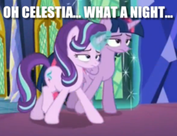 Size: 1173x901 | Tagged: safe, edit, edited screencap, screencap, starlight glimmer, twilight sparkle, alicorn, pony, every little thing she does, g4, drunk, drunk twilight, drunklight glimmer, hangover, image macro, meme, needs more jpeg, twilight sparkle (alicorn)