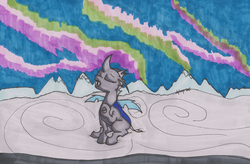 Size: 1280x840 | Tagged: safe, artist:shikogo, changeling, aurora borealis, aurora crystialis, cloud, eyes closed, female, singing, solo, traditional art