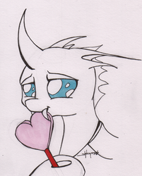 Size: 600x745 | Tagged: safe, artist:shikogo, changeling, candy, cute, eating, food, heart, lollipop, monochrome, partial color, solo, traditional art