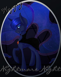 Size: 1024x1284 | Tagged: safe, artist:bookxworm89, princess luna, alicorn, pony, g4, cape, clothes, fangs, female, nightmare night, raised hoof, solo