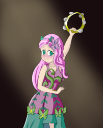 Size: 900x1116 | Tagged: safe, artist:icesticker, fluttershy, equestria girls, g4, my little pony equestria girls: legend of everfree, 45 minute art challenge, blushing, clothes, crystal gala, cute, dress, female, musical instrument, shyabetes, solo, tambourine