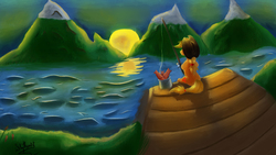 Size: 3264x1836 | Tagged: safe, artist:xskytheartist, applejack, earth pony, pony, g4, female, fishing, scenery, solo