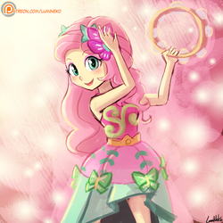 Size: 750x750 | Tagged: safe, artist:lumineko, fluttershy, equestria girls, g4, my little pony equestria girls: legend of everfree, clothes, crystal gala, cute, dress, female, looking at you, musical instrument, open mouth, patreon, patreon logo, shyabetes, signature, skirt, solo, tambourine