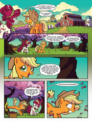 Size: 720x960 | Tagged: safe, artist:tony fleecs, idw, official comic, applejack, cherry jubilee, earth pony, pony, friends forever #33, g4, my little pony: friends forever, spoiler:comic, bucking, cherry, cherry blossoms, cherry tree, cherrybucking, comic, cowboy hat, female, flower, flower blossom, food, hat, howdy, mare, preview, tree