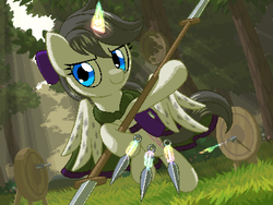 Size: 800x600 | Tagged: safe, artist:rangelost, oc, oc only, oc:prismwind, alicorn, pony, bow, cloak, clothes, hair bow, knife, kunai, levitation, magic, pixel art, saddle bag, smirk, solo, spear, spotted wings, target, telekinesis, throwing knife, weapon