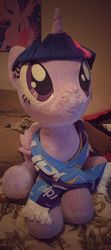 Size: 531x1200 | Tagged: safe, artist:plushwaifus, photographer:corpulentbrony, twilight sparkle, alicorn, pony, g4, /mlp/, 4chan cup, 4chan cup scarf, bed, clothes, irl, life size, photo, plushie, scarf, solo, twilight sparkle (alicorn)