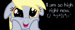 Size: 1271x506 | Tagged: safe, edit, derpy hooves, g4, female, floppy ears, high, solo, text