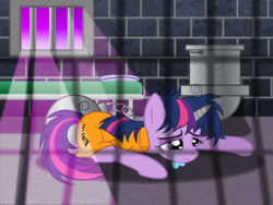 Size: 2000x1500 | Tagged: safe, artist:spellboundcanvas, twilight sparkle, pony, unicorn, g4, bad end, ball and chain, bed, clothes, crying, female, horn, horn cap, magic suppression, pillow, prison, prison outfit, prisoner, prisoner ts, sad, solo, toilet, unicorn twilight, window