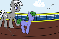 Size: 1200x800 | Tagged: safe, artist:saria the frost mage, oc, oc only, oc:clover patch, oc:silverwind (a foal's adventure), pony, seagull, unicorn, a foal's adventure, adult, bouncing, child, cloud, color, cutie mark, cyoa, female, filly, foal, horn, mage, male, ocean, pirate, pirate ship, railing, ship, sky, smiling, stallion, story included