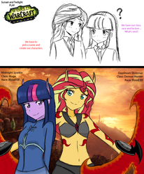 Size: 1072x1299 | Tagged: safe, artist:angeltorchic, sunset shimmer, twilight sparkle, blood elf, elf, equestria girls, g4, belly button, clothes, comic, crossover, cute, demon hunter, dialogue, elf ears, lineart, mage, midriff, smiling, twiabetes, twilight sparkle (alicorn), warcraft, weapon, world of warcraft