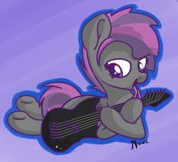 Size: 858x778 | Tagged: safe, artist:nwwe, oc, oc only, oc:raven aura, bat pony, pony, bifurcated tongue, guitar, licking, solo, tongue out
