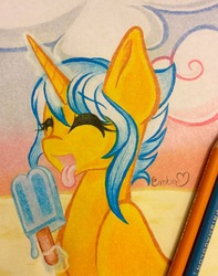 Size: 2100x2664 | Tagged: safe, artist:emberslament, oc, oc only, oc:passion freeze, pony, unicorn, food, high res, ice cream, licking, magic, prismacolors, tongue out, traditional art