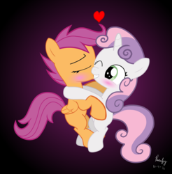 Size: 4500x4565 | Tagged: safe, artist:ruxify, scootaloo, sweetie belle, g4, absurd resolution, cheek kiss, cute, female, heart, kissing, lesbian, ship:scootabelle, shipping, show accurate, vector