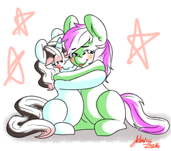 Size: 1280x1125 | Tagged: safe, artist:fatcakes, oc, oc only, oc:euphoria, oc:mint condition, pony, blushing, commission, cute, eyes closed, hug, simple background, sitting, smiling, stars, tongue out, white background