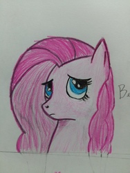 Size: 2560x1920 | Tagged: safe, artist:beatsubi, pinkie pie, earth pony, pony, g4, blue eyes, colored, drawing, female, frown, pink, pinkamena diane pie, sad, solo, traditional art