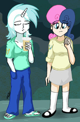 Size: 1432x2171 | Tagged: safe, artist:meganekkoplymouth241, bon bon, lyra heartstrings, sweetie drops, human, g4, magic duel, clothes, drinking lyra, horn, horned humanization, humanized, mary janes, sandals, scene interpretation, shoes, skirt, smoothie, socks