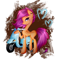 Size: 1000x1000 | Tagged: safe, artist:yuntaoxd, scootaloo, g4, alternate hairstyle, ear piercing, earring, female, jewelry, missing cutie mark, motorcycle, piercing, scooter, simple background, solo