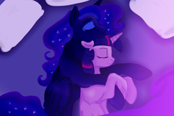 Size: 750x500 | Tagged: safe, artist:jbond, artist:silfoe, color edit, edit, princess luna, twilight sparkle, alicorn, pony, g4, bed, colored, cuddling, duo, duo female, female, lesbian, mare, on bed, painting, ship:twiluna, shipping, sleeping, snuggling, spooning, twilight sparkle (alicorn)