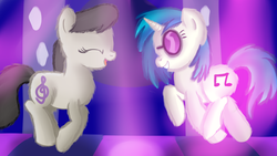 Size: 1280x720 | Tagged: safe, artist:jbond, dj pon-3, octavia melody, vinyl scratch, earth pony, pony, unicorn, g4, dance floor, dancing, duo, eyes closed, female, fluffy, mare, open mouth