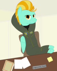 Size: 575x716 | Tagged: safe, artist:totallynotabronyfim, lightning dust, g4, clothes, cubicle, female, flight suit, hooves on the table, office, patch, smiling, solo, sticky note