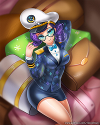 Size: 750x939 | Tagged: safe, artist:racoonsan, rarity, human, g4, ppov, arm behind head, bedroom eyes, breasts, busty rarity, captain rarity, clothes, female, glasses, hat, horn, horned humanization, humanized, legs, looking at you, luggage, miniskirt, seductive look, seductive pose, skirt, smiling, solo
