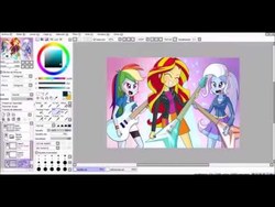 Size: 480x360 | Tagged: safe, artist:riouku, screencap, rainbow dash, sunset shimmer, trixie, equestria girls, g4, electric guitar, female, flying v, guitar, musical instrument, needs more jpeg, paint tool sai, speedpaint, sunset shredder, youtube thumbnail