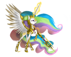 Size: 1280x1024 | Tagged: safe, artist:nuttypanutdy, princess celestia, pony, g4, armor, female, magic, mare, raised hoof, simple background, solo, spear, spread wings, telekinesis, transparent background, weapon