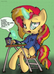 Size: 1275x1752 | Tagged: safe, artist:theclassicthinker, sunset shimmer, pony, unicorn, g4, book, clothes, female, magic, pencil, sitting, soda, solo, sweater, telekinesis