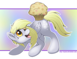 Size: 1000x773 | Tagged: safe, artist:nyaasu, derpy hooves, pegasus, pony, g4, cute, derpabetes, female, food, happy, mare, muffin, open mouth, solo, tongue out