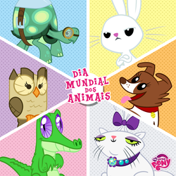 Size: 1200x1200 | Tagged: safe, angel bunny, gummy, opalescence, owlowiscious, tank, winona, g4, official, my little pony logo, portuguese, world animal day