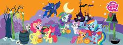 Size: 2432x900 | Tagged: safe, apple bloom, pinkie pie, princess luna, rainbow dash, rarity, scootaloo, sweetie belle, g4, official, chinese, cutie mark crusaders, halloween, my little pony logo