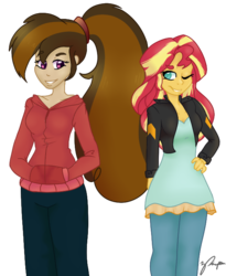 Size: 577x703 | Tagged: safe, artist:altimos0023, sunset shimmer, oc, oc:cupcake slash, equestria girls, g4, clothes, commission, equestria girls-ified, hand in pocket, leather jacket, pants, signature, sweater, wink