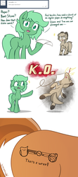 Size: 1024x2304 | Tagged: safe, artist:dsp2003, artist:lalieri, oc, oc only, oc:grass, oc:sign, oc:stone, earth pony, pony, unicorn, pony town, ask, blood, collaboration, comic, critical hit, female, nosebleed, paper, tumblr