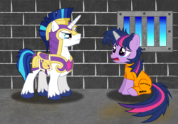 Size: 2160x1514 | Tagged: safe, artist:spellboundcanvas, shining armor, twilight sparkle, pony, unicorn, g4, lesson zero, bad end, clothes, crying, disappointed, duo, horn, horn cap, jail, magic suppression, messy mane, open mouth, prison, prison outfit, prisoner, prisoner ts, sad, unicorn twilight, window